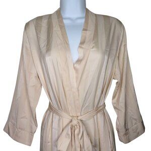 New Full Length Kimono Robe Beige Striped Attached Belt Pockets Womens Small